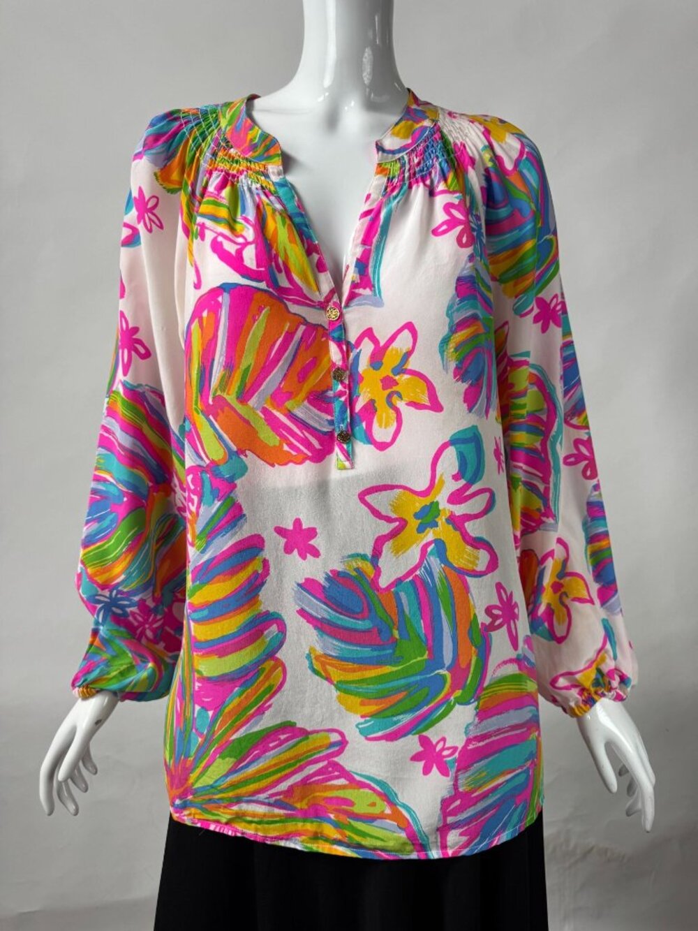 Lilly Pulitzer Silk Blouse Large Tropical Floral Print Button-Down Long Sleeve